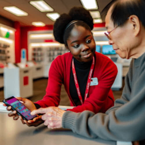 A senior customer receiving assistance in a Verizon store