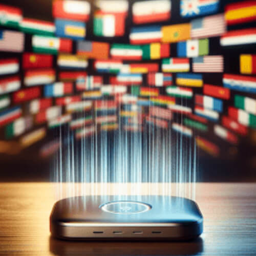 A mobile hotspot device with international flags in the background