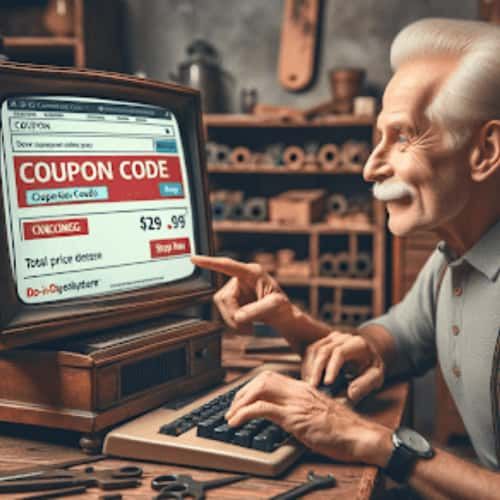 Senior customer applying coupon code for online purchase at Ace Hardware