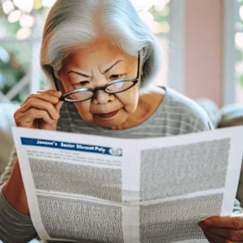 Senior customer reading the fine print of Joann's senior discount policy