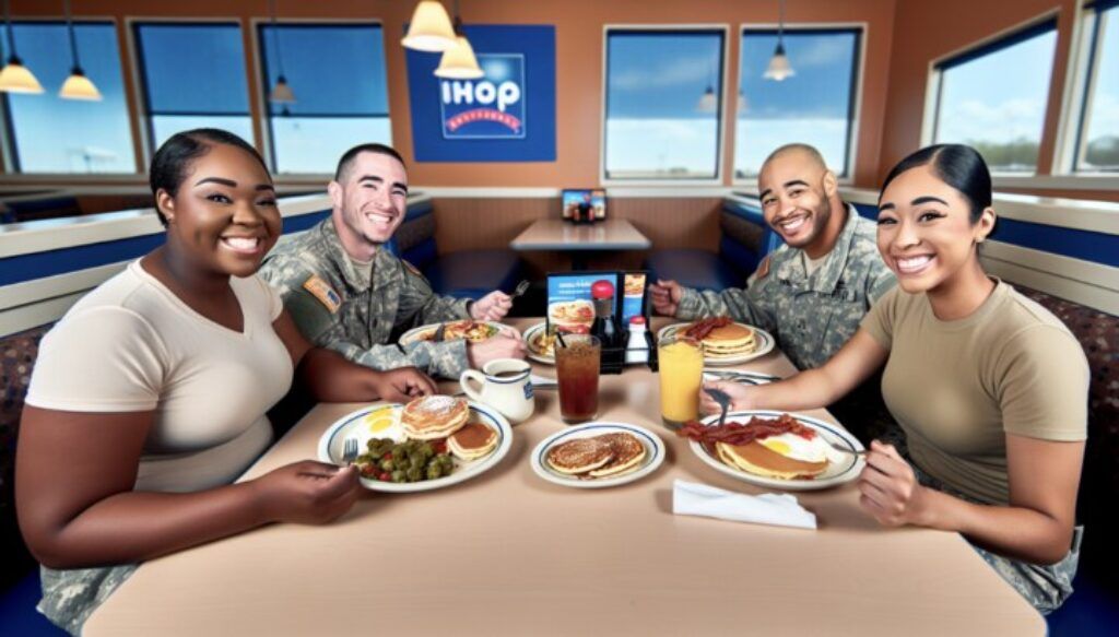 Military personnel enjoying a meal at IHOP