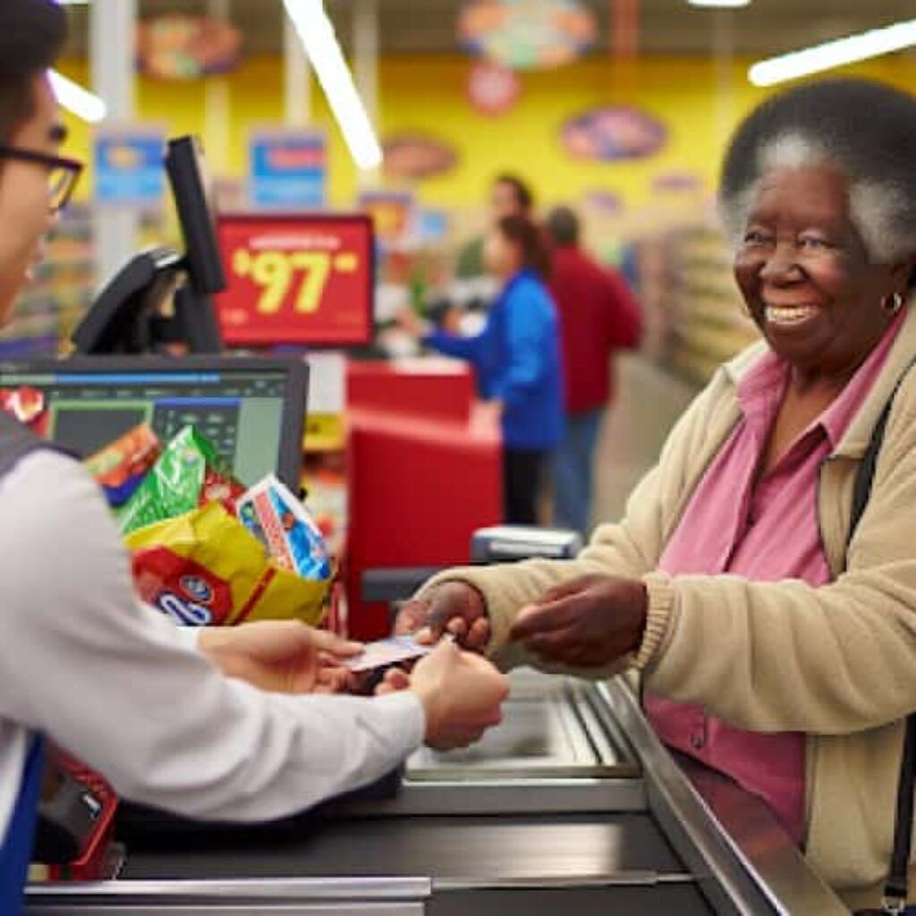 Senior person using a discount coupon