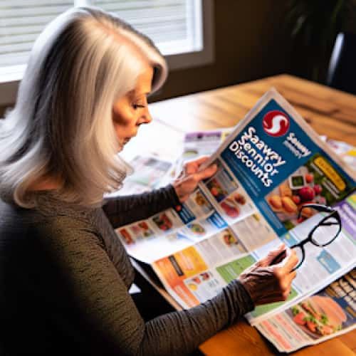 Elderly person reviewing store flyers for Safeway Senior Discount