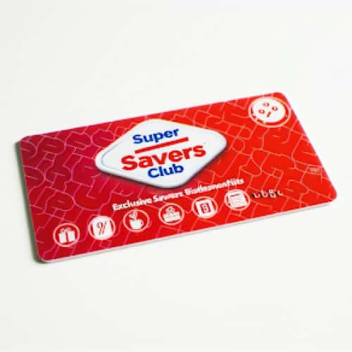 A membership card for the Super Savers Club, offering exclusive discounts and benefits for Savers customers