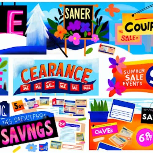 A collage of seasonal sale banners and coupons, illustrating additional ways to save at Savers beyond the senior discount