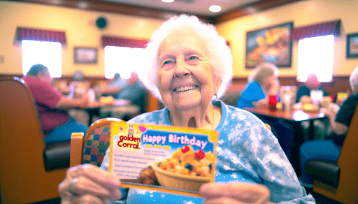 Senior person holding a birthday coupon at Golden Corral
