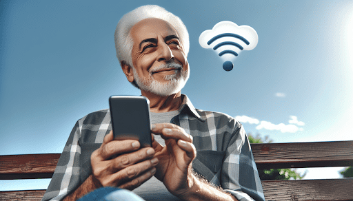 An illustration of a senior using a cell phone with reliable coverage, reflecting the reasons seniors choose Metro PCS
