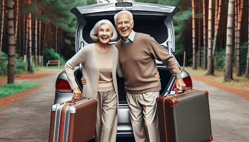 An illustration of a senior couple getting into a car, symbolizing senior discounts for transportation services