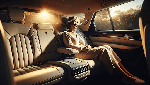 An illustration of a spacious and comfortable car interior, emphasizing the comfort of rideshare services for seniors