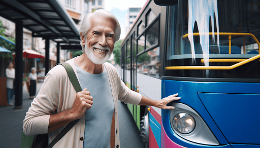 An illustration of a senior boarding a public bus, representing the affordability of public transportation for seniors