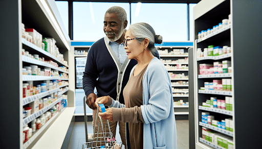 Senior couple shopping at a pharmacy